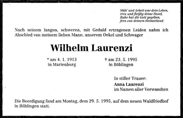 Laurenzi Wilhelm 1913-1995 Todesanzeige